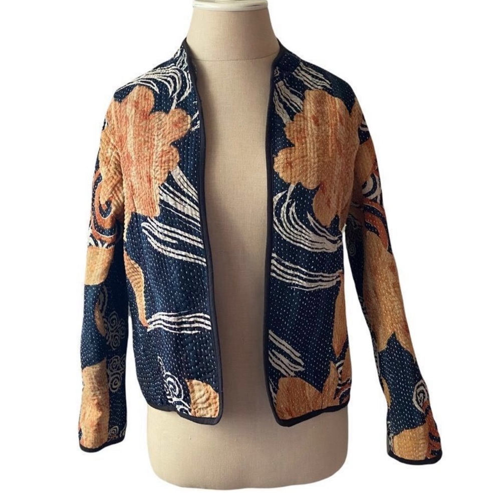 Vintage Hand Stitched Quilted Kantha Jacket Patchwork Open Front Boho Reversible